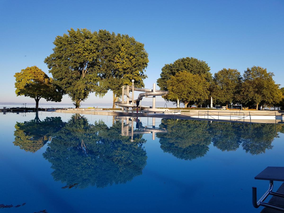 Die Bäume spiegeln sich im Spiegelglatten Wasser des Schwimmbades. (Bild: PD/Peter Gubser)