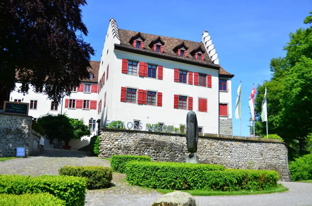 Das Arboner Schloss mit Turm und Zwischentrakt West (links im Bild), das Hintere Schloss (hinten Mitte) und das Vordere Schloss (rechts).